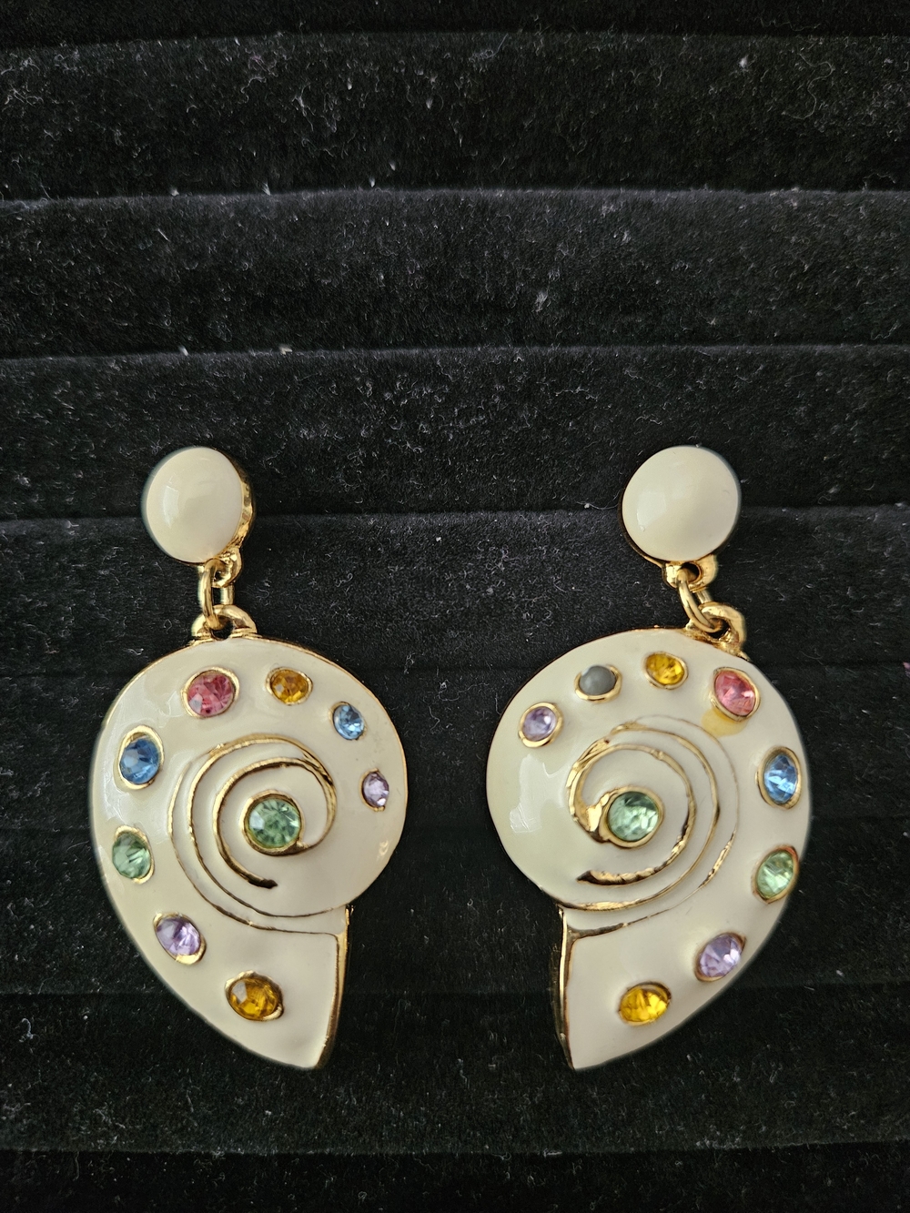 White Enamel Spiral Drop Earrings with Multicolor Gem Accents